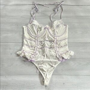 NWT For Love & Lemons Daisy Eyelet Teddy Bodysuit Lavender Gingham Trim Size 36C